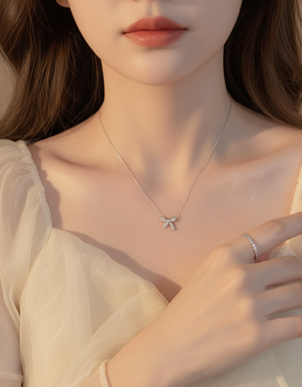 “Model wearing a dainty 925 sterling silver bowknot necklace with sparkling zircon pendant, showcasing elegant neckline detail.”