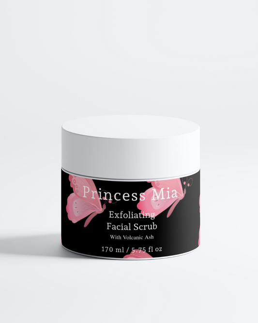 Jar of Princess Mia Exfoliating Facial Scrub with a black label on a white background