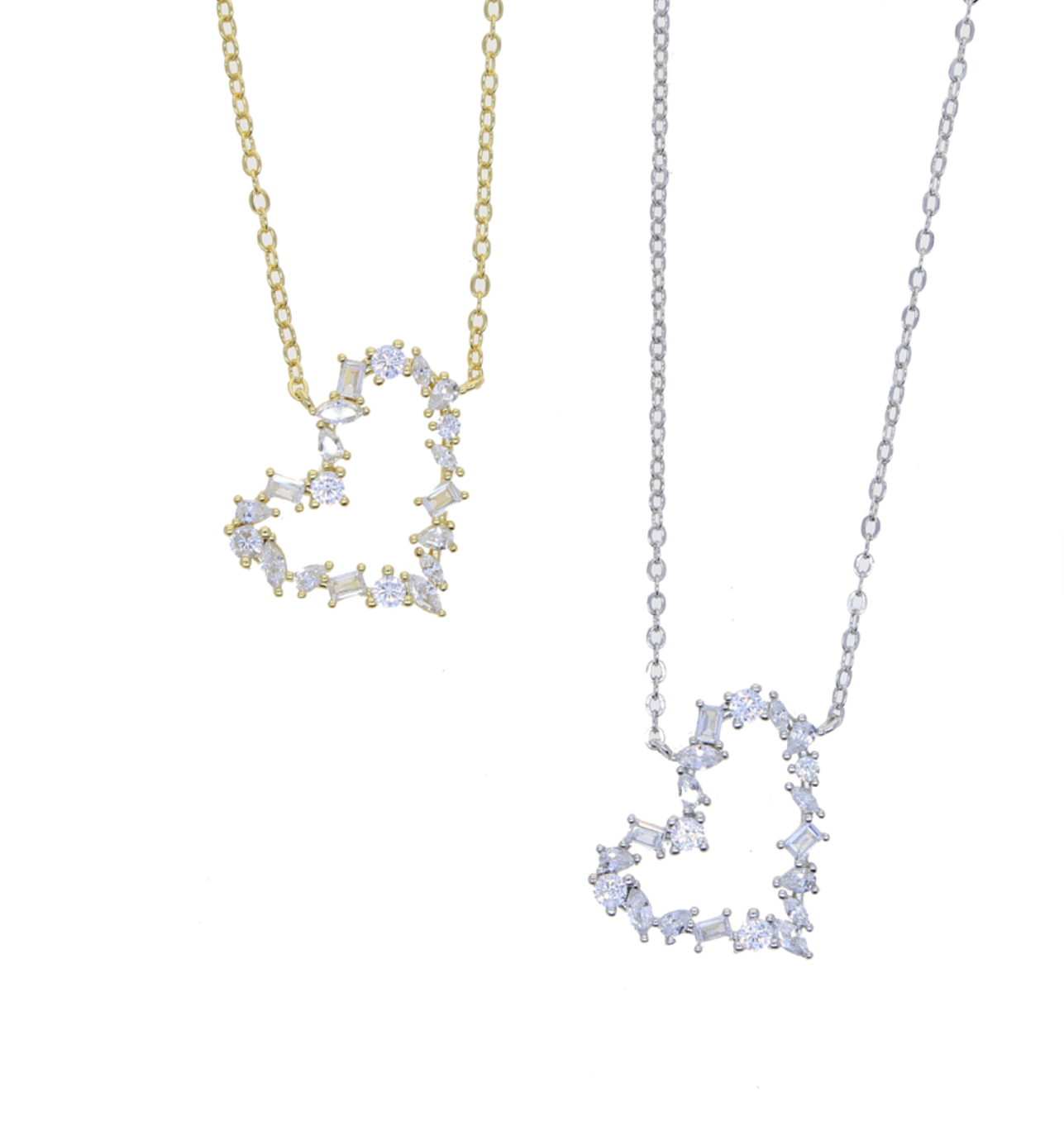 “Gold and silver heart-shaped pendant necklaces with sparkling crystal stones, elegant women’s jewelry for everyday wear and gifting.”