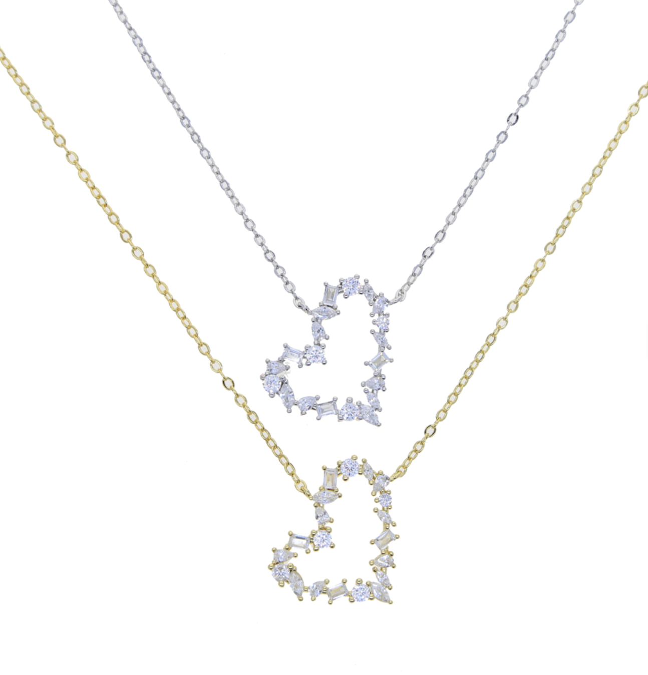 “Gold and silver open heart pendant necklaces with sparkling crystal stones, elegant romantic jewelry for women.”