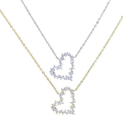 “Gold and silver open heart pendant necklaces with sparkling crystal stones, elegant romantic jewelry for women.”