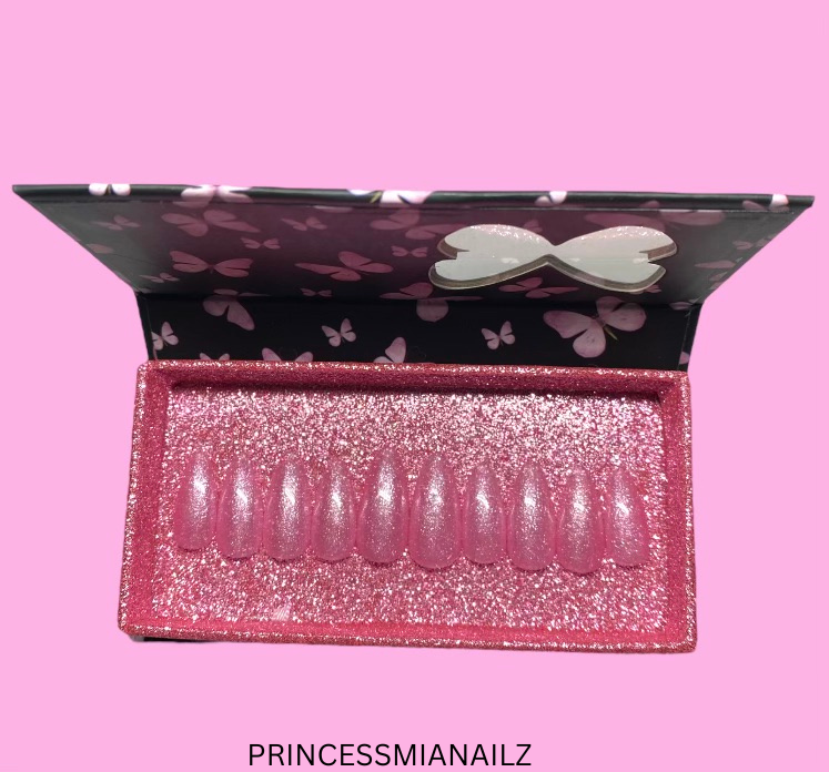 Elegant floral press-on nails in a shimmering pink case from the PrincessMiaNailz collection.