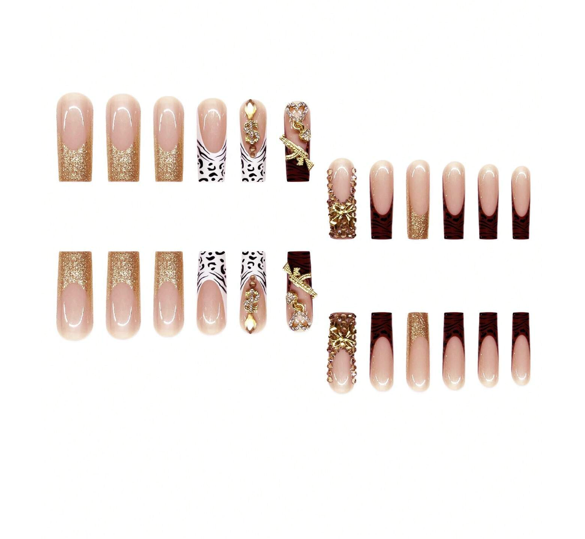 24 Long Press-On Nails With Shiny Gold Rhinestones Heart And Butterfly