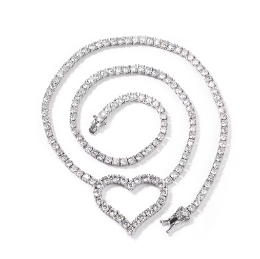 Diamond necklace with a heart-shaped clasp on a white background
