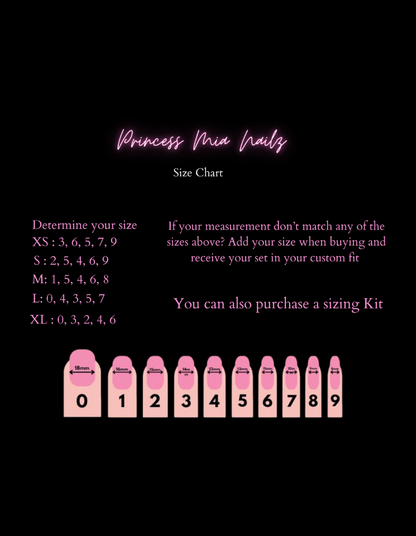 Elegant pink press-on nails against a sleek black background, showcasing the Princess Mia Nailz brand and size chart for a perfectly manicured look.