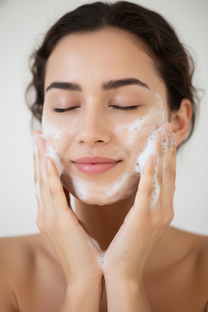 A woman gently cleansing her face with soft foam, showcasing Princess Mia Foaming Cleanser for hydrated and refreshed skin.